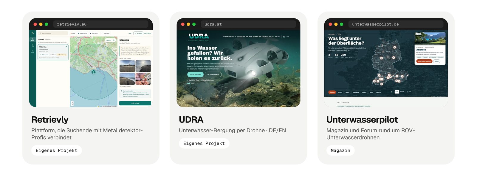 Referenzen auf klickfest.at: die Websites Retrievly, UDRA und Unterwasserpilot im Browserfenster