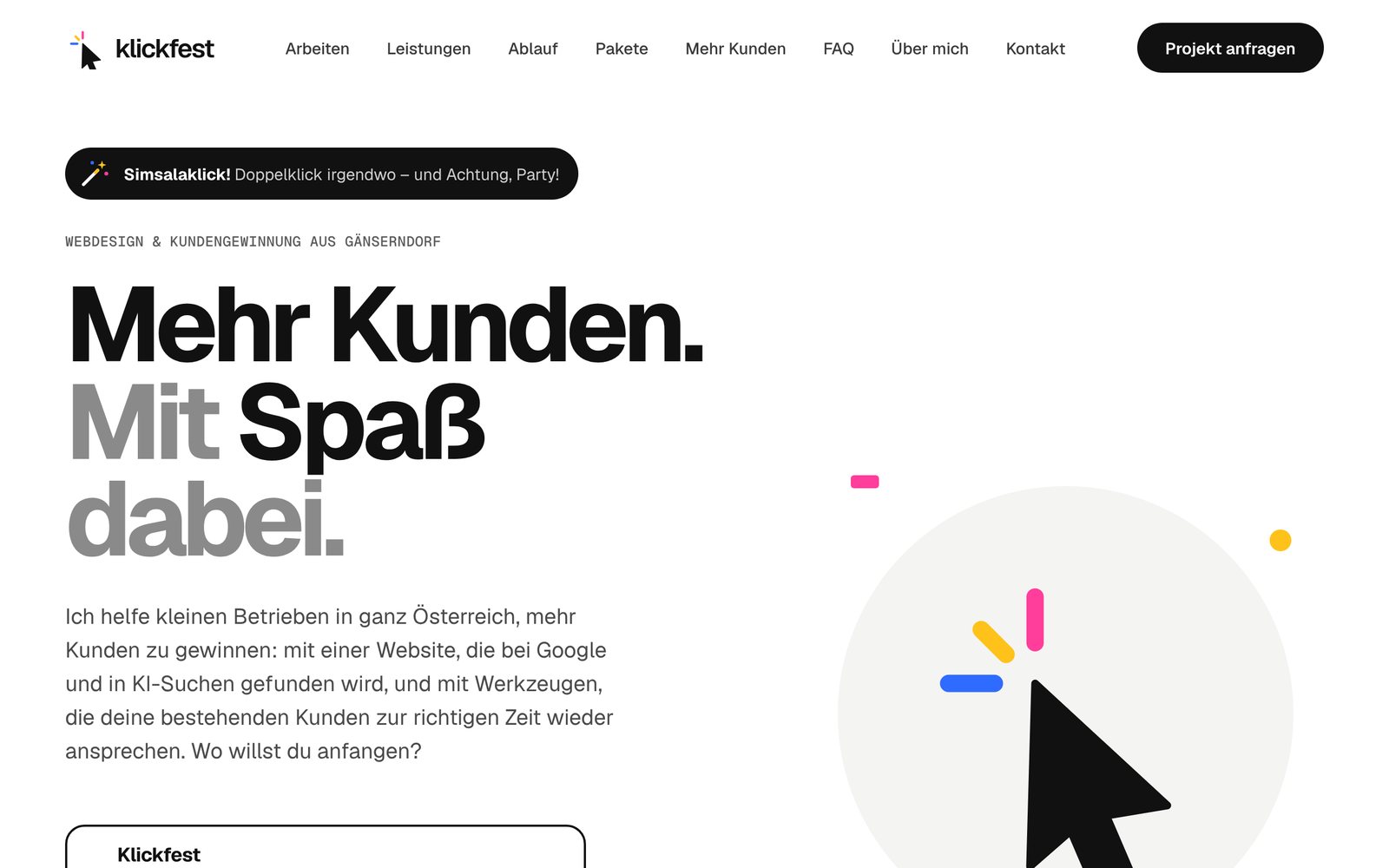 Startseite von klickfest.at mit dem Slogan „Mehr Kunden. Mit Spaß dabei.“ und dem bunten Klick-Logo